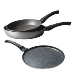 Lot 3 Pièces - 2 Poêles 24 Et 28 Cm Et Une Crêpière Avec Revêtement Dur Comme La Pierre