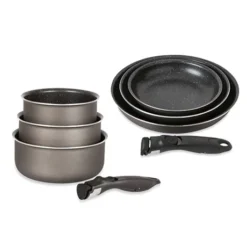 Lot 3 Casseroles Et 3 Poêles Anti-adhésives Effet Pierre Et 2 Manches Amovibles